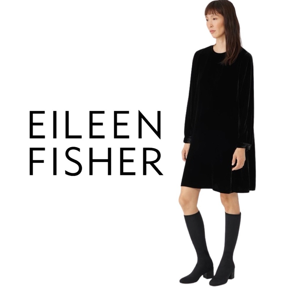 NWT $348 Eileen Fisher Velvet Crew Neck Dress Easy Fit, Knee Length
